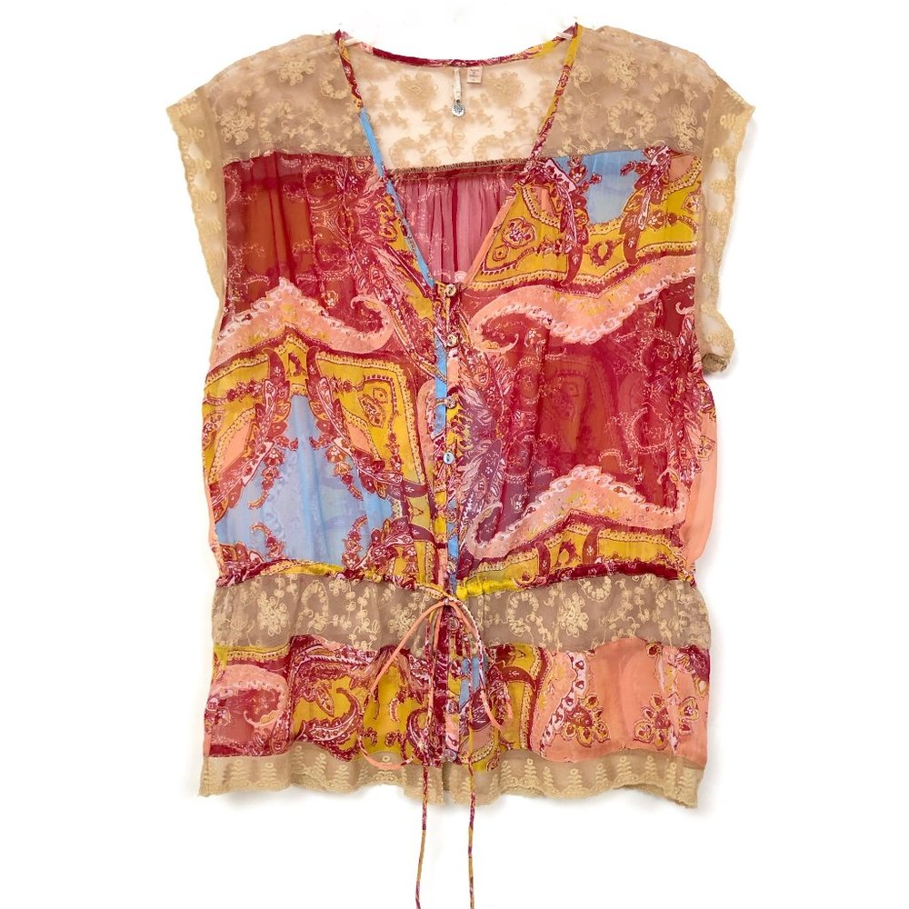 Just Pearls Boho Sheer Top w Lace & Cinch Waist